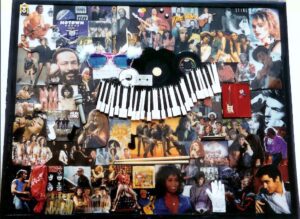 A collage of various people and instruments with a black and white piano.